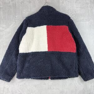 Tommy Hilfiger Women Big Color Block Logo Sherpa Full Zip Jacket Navy Sz Medium